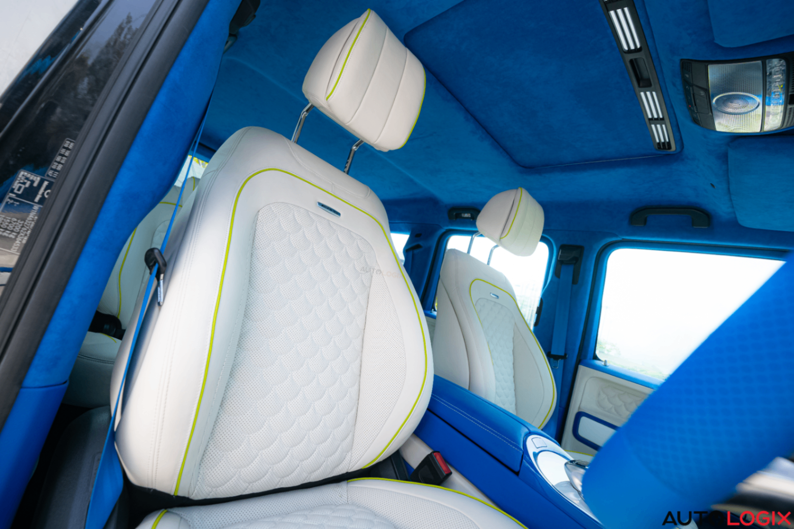 G-Class front cabin in cobalt Alcantara and ivory leather