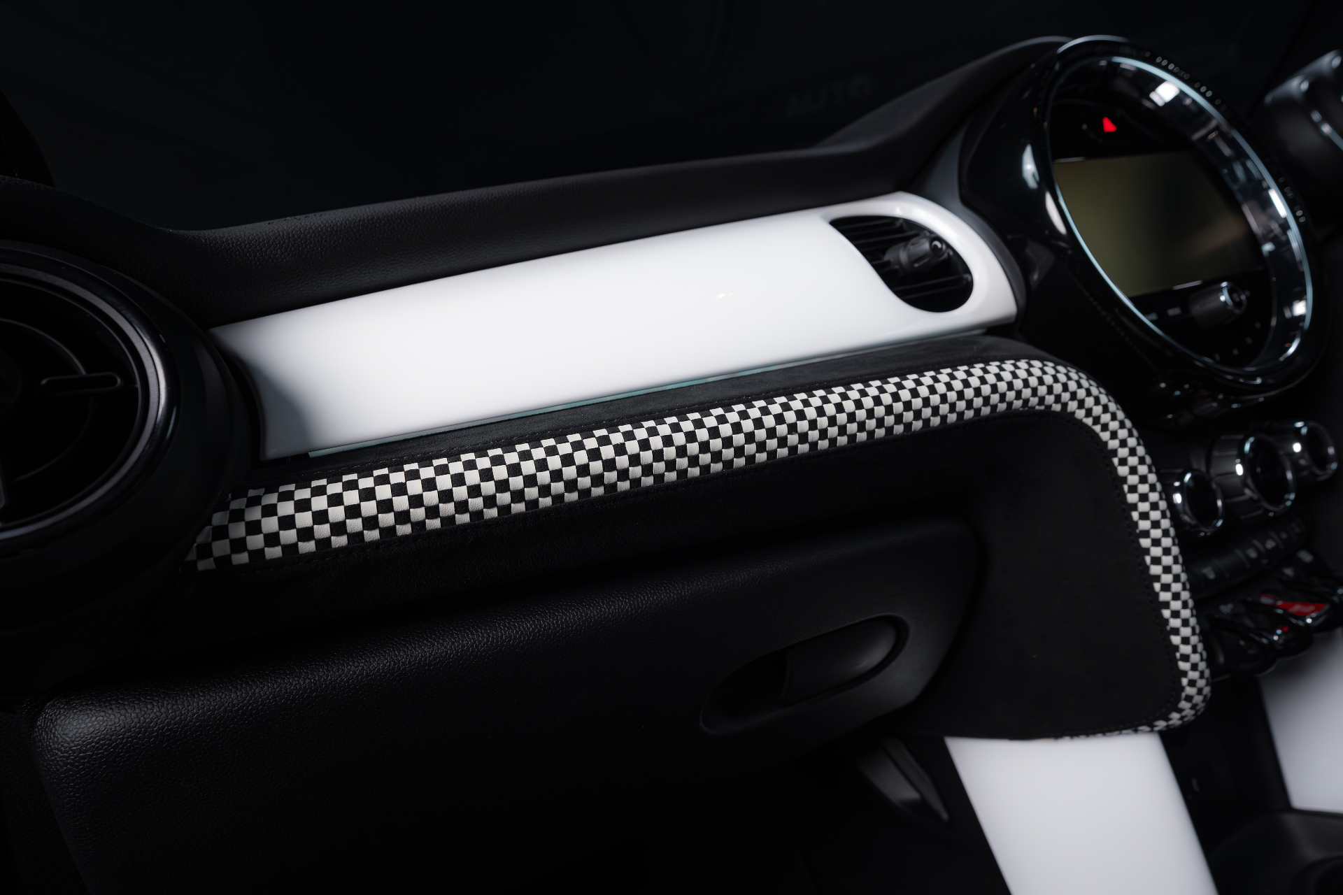 Bespoke Mini Cooper interior — checkered dash detail by VERIX
