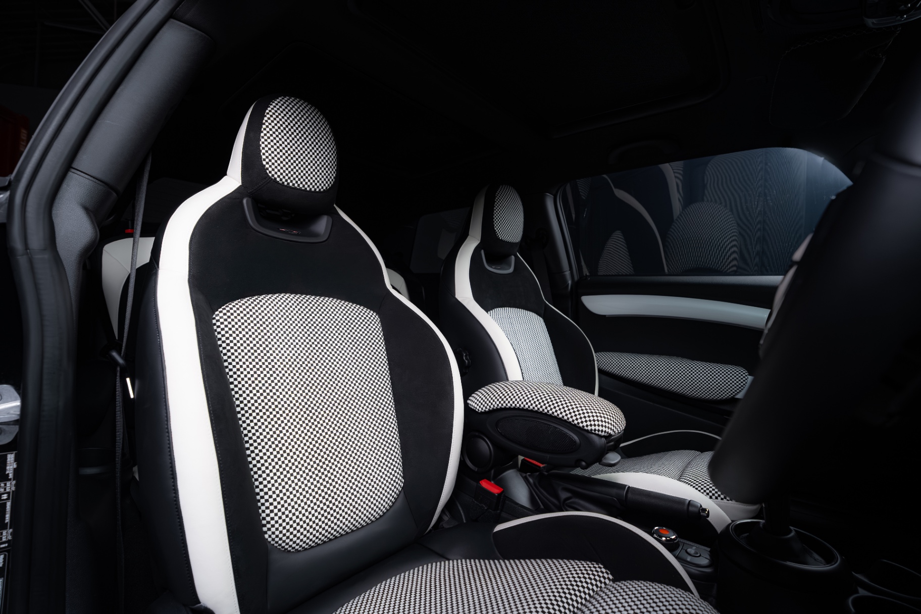 Mini front seats retrimmed in monochrome woven upholstery